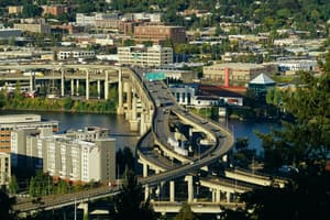 Aerial view of Portland highways and bridges over the Willamette River